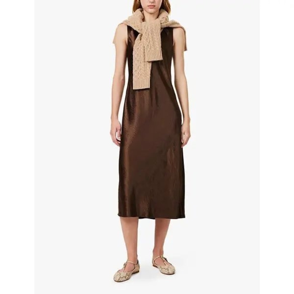 Max Mara Leisure Satin Dress Women Size 8 Brown Good minimalist Sleeveless Midi